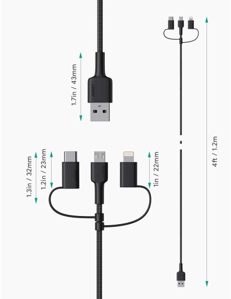 Aukey CB-BAL5 braided usb to lightning / type-C / micro usb cable 1.2m black